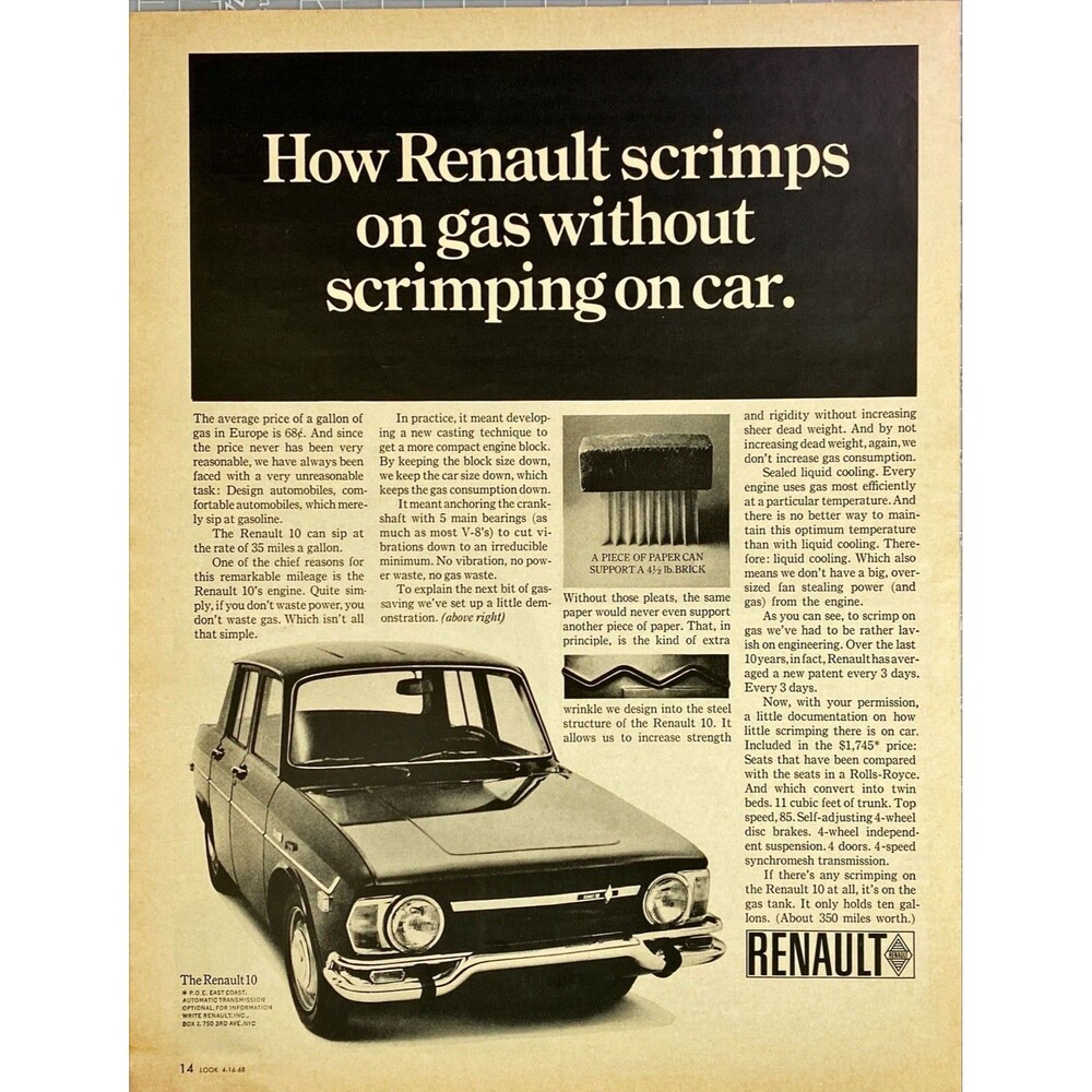 Renault 10 "Can Sip Gasoline at the Rate of 35 MPG" Vintage Print Ad 1968